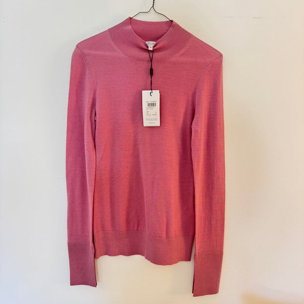 NWT Reiss Sasha Merino Wool Split Sleeve Sweater Pink XS Mock Neck Small Hole
